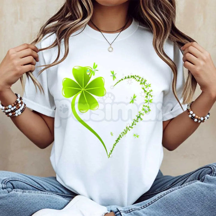Four Leaf Clover Heart St. Patrick's Day T-Shirt - Lucky Clover Heart Graphic Tee, Premium 100% Cotton Crew Neck Celebration Top, Cute Irish Pride Heart Shirt, St. Paddy's Day Women's Fashion, Soft Lived-In Festive Holiday Apparel