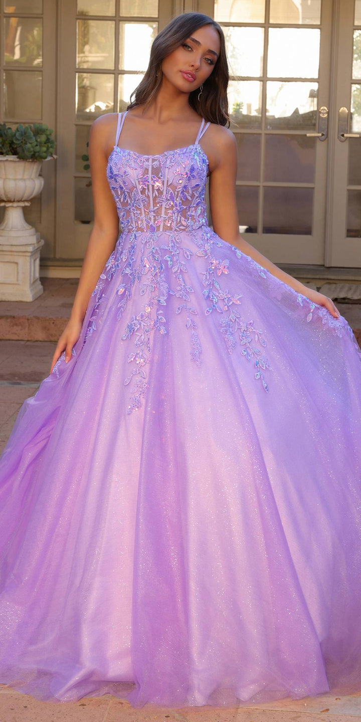 Nox Anabel H1271 Long Scoop Neckline Glitter Tulle A-Line Ballgown