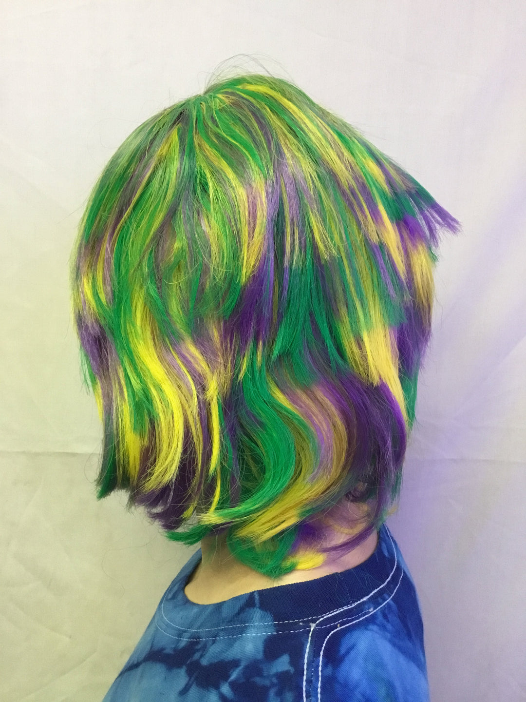 Mardi Gras Choppy Yellow Green Purple Layered Fat Tuesday Party Wig