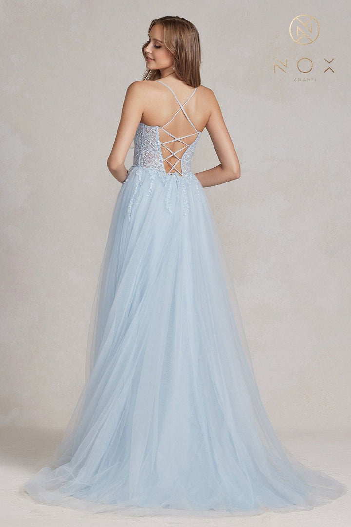 Nox Anabel J1089 Floor Length A-Line Tulle Gown with Slit