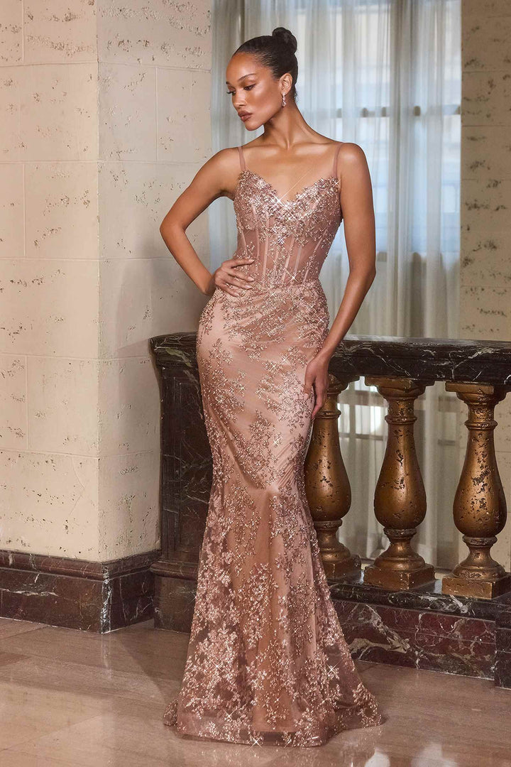 CLEARANCE - Ladivine J889 Hand Placed Applique Shimmering Sequin Fitted Gown (Size 10, 14)