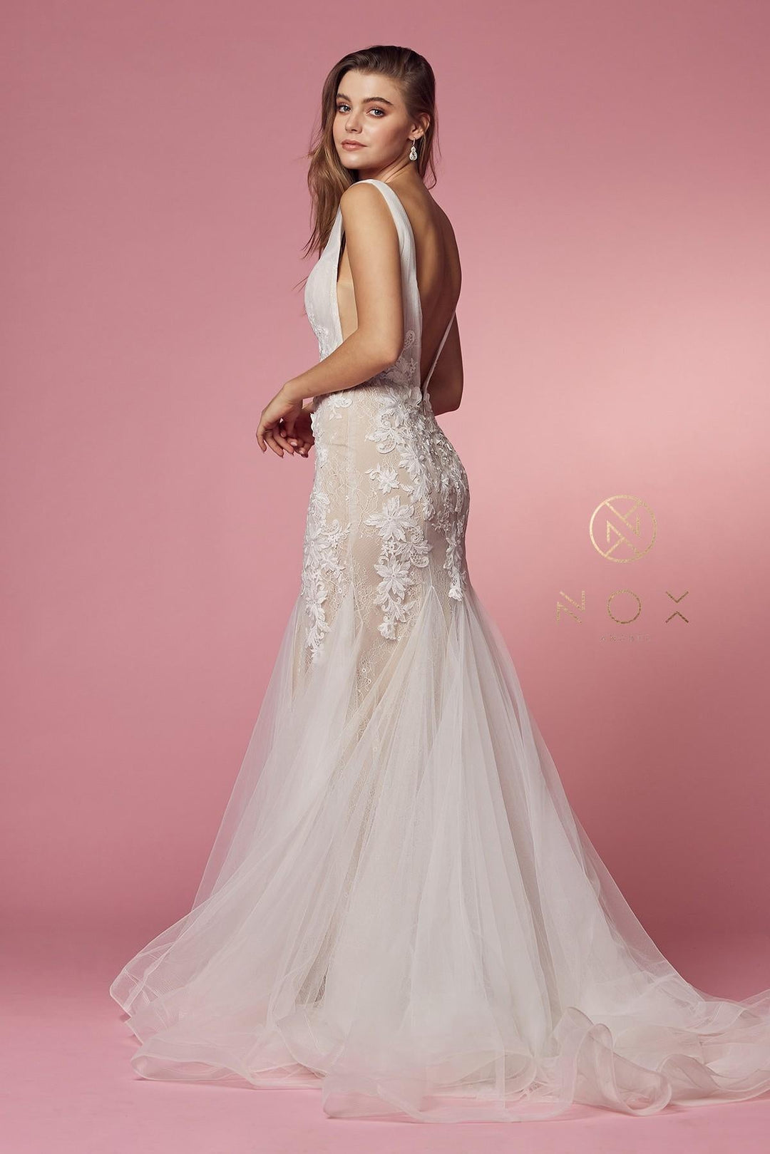 Nox Anabel JE917 V-Neck Mermaid Dress Lace and Tulle Skirt