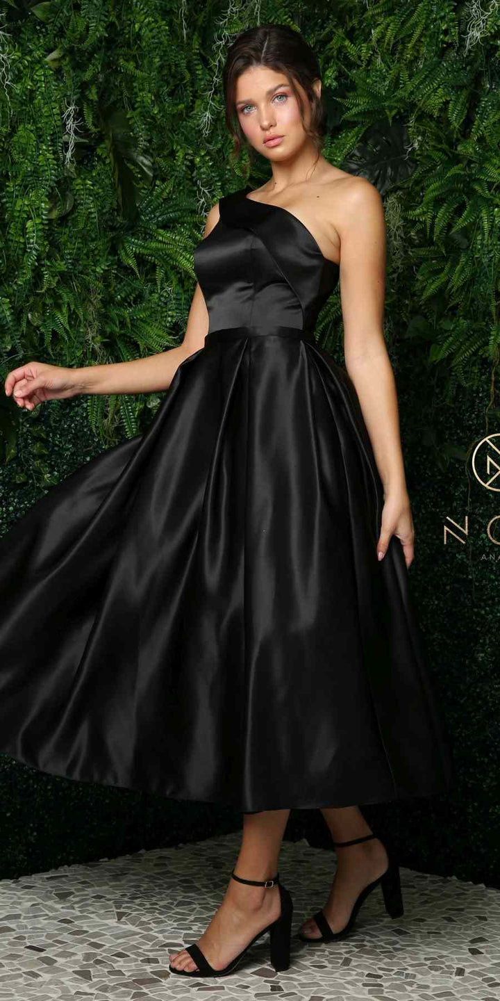 Nox Anabel JE931 One Shoulder Satin Tea Length Gown