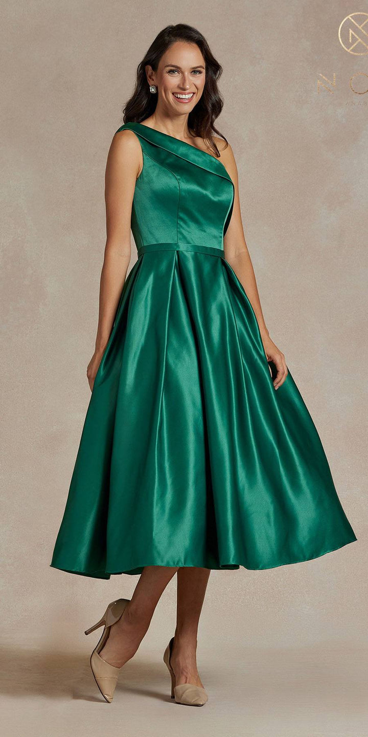 Nox Anabel JE931 One Shoulder Satin Tea Length Gown