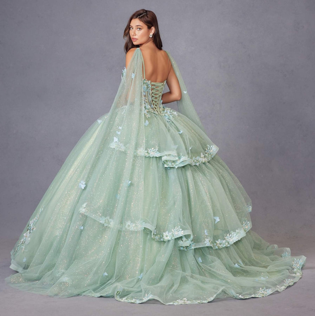 Juliet JT1466H Dress 3D Multi Floral Applique Cape Sleeve Quinceanera Gown