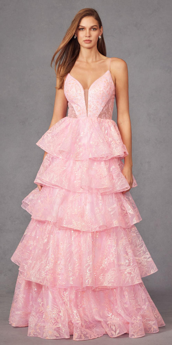 Juliet JT2438K Long Glitter Print Layered Tiered A-Line Gown