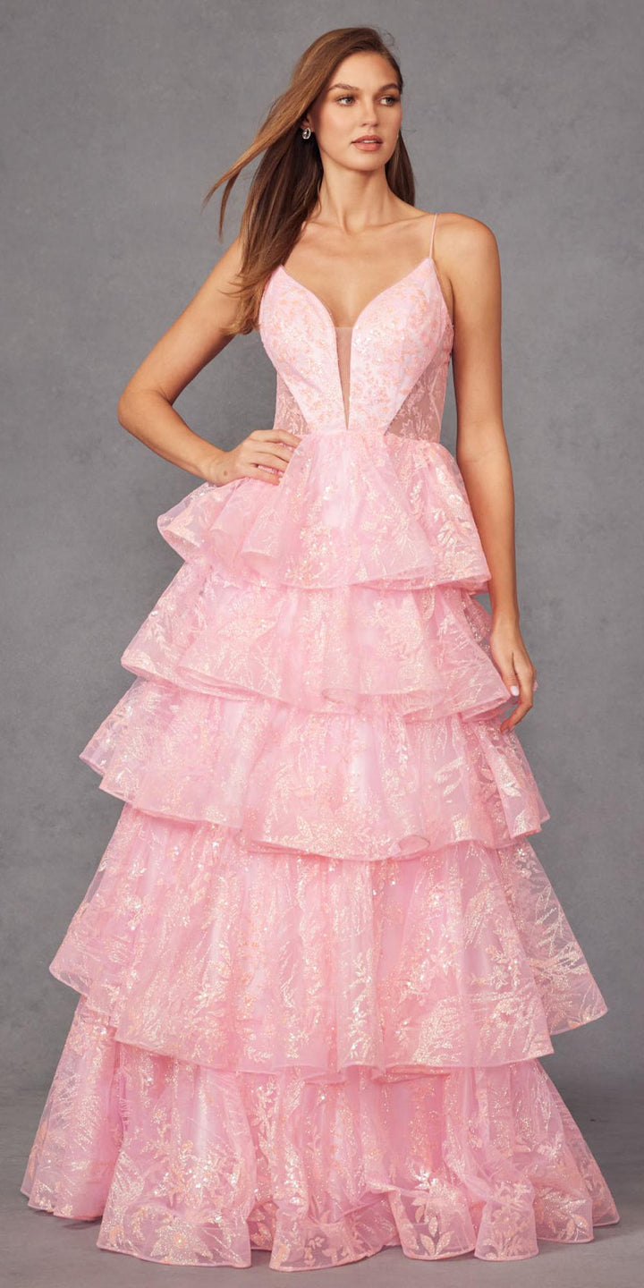 Juliet JT2438K Long Glitter Print Layered Tiered A-Line Gown