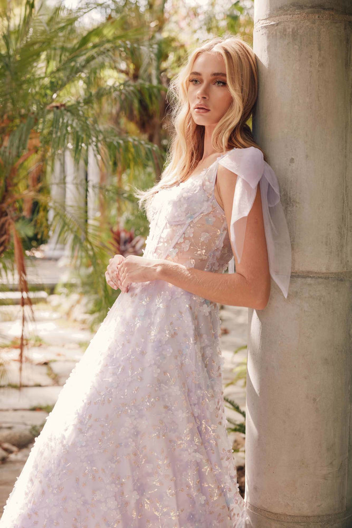 Juliet JT2439K Long 3D Floral Glitter Print Sleeveless A-line Gown