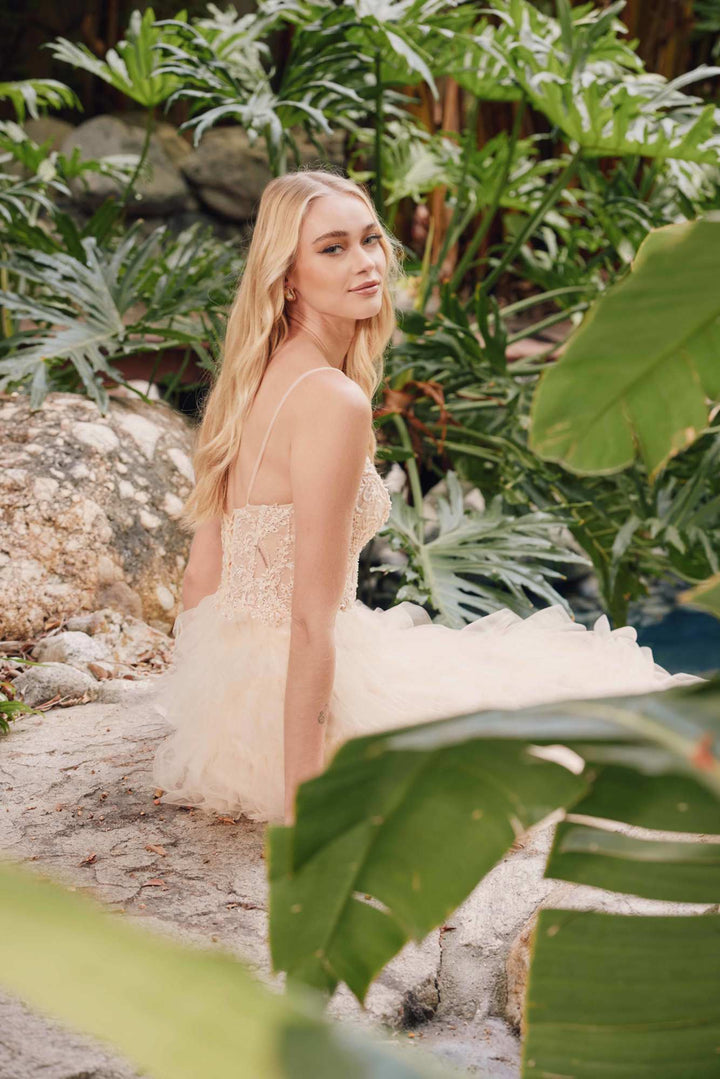 Juliet JT2451S Long Lace Bodice Sleeveless A-line Ruffled Gown