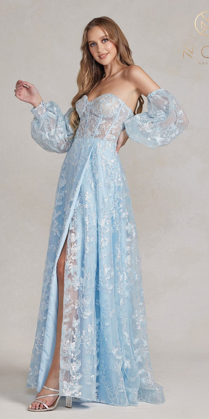 Nox Anabel K1155 Floor Length Butterfly Puff Sleeve Gown