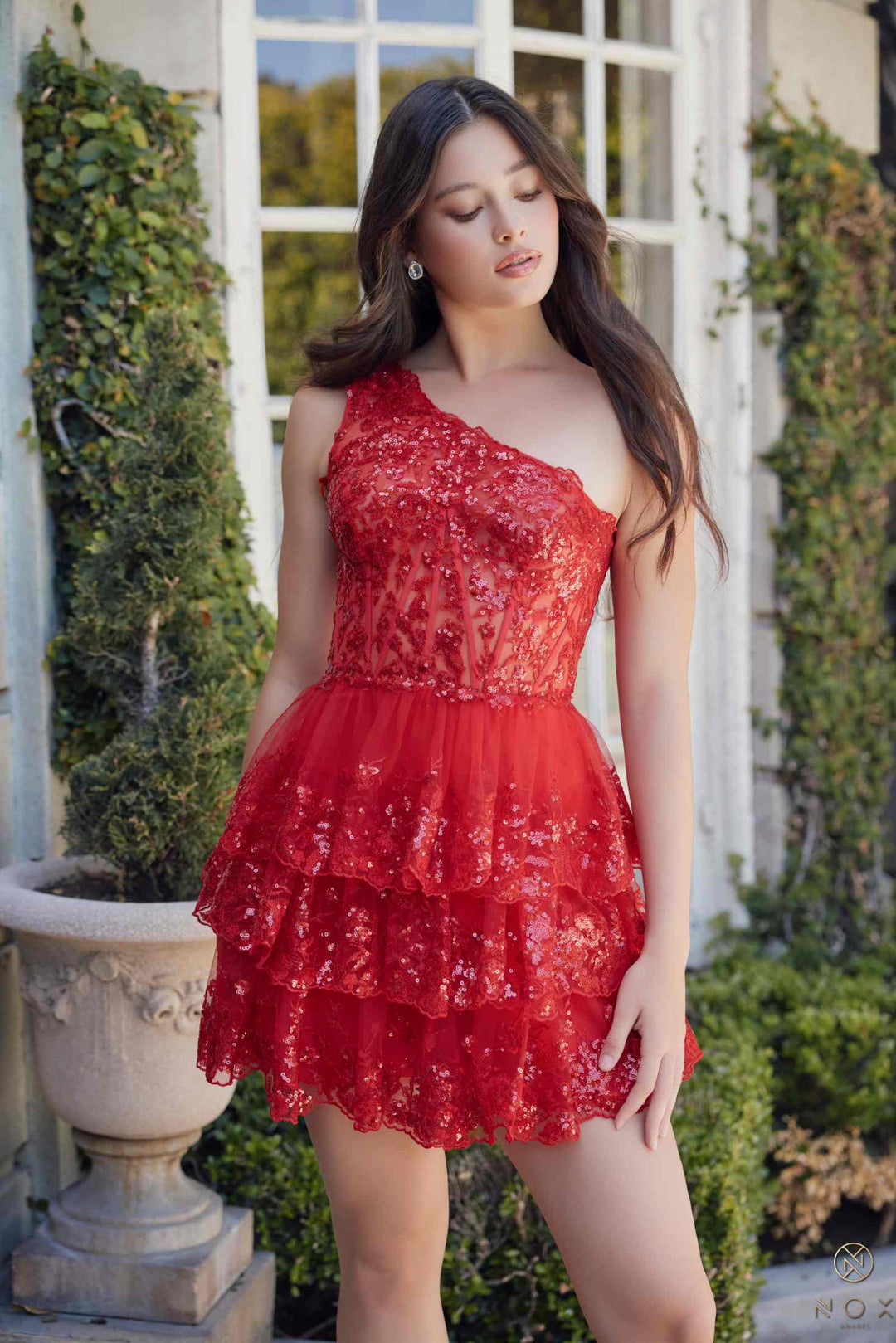 Nox Anabel K855 One Shoulder A-Line Embellished Homecoming Dress