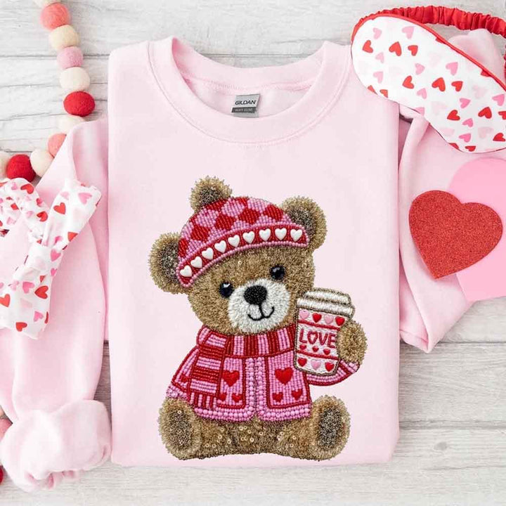 Love Coffee Teddy Valentine Sweatshirt – Furry Look 3D Print Sweater