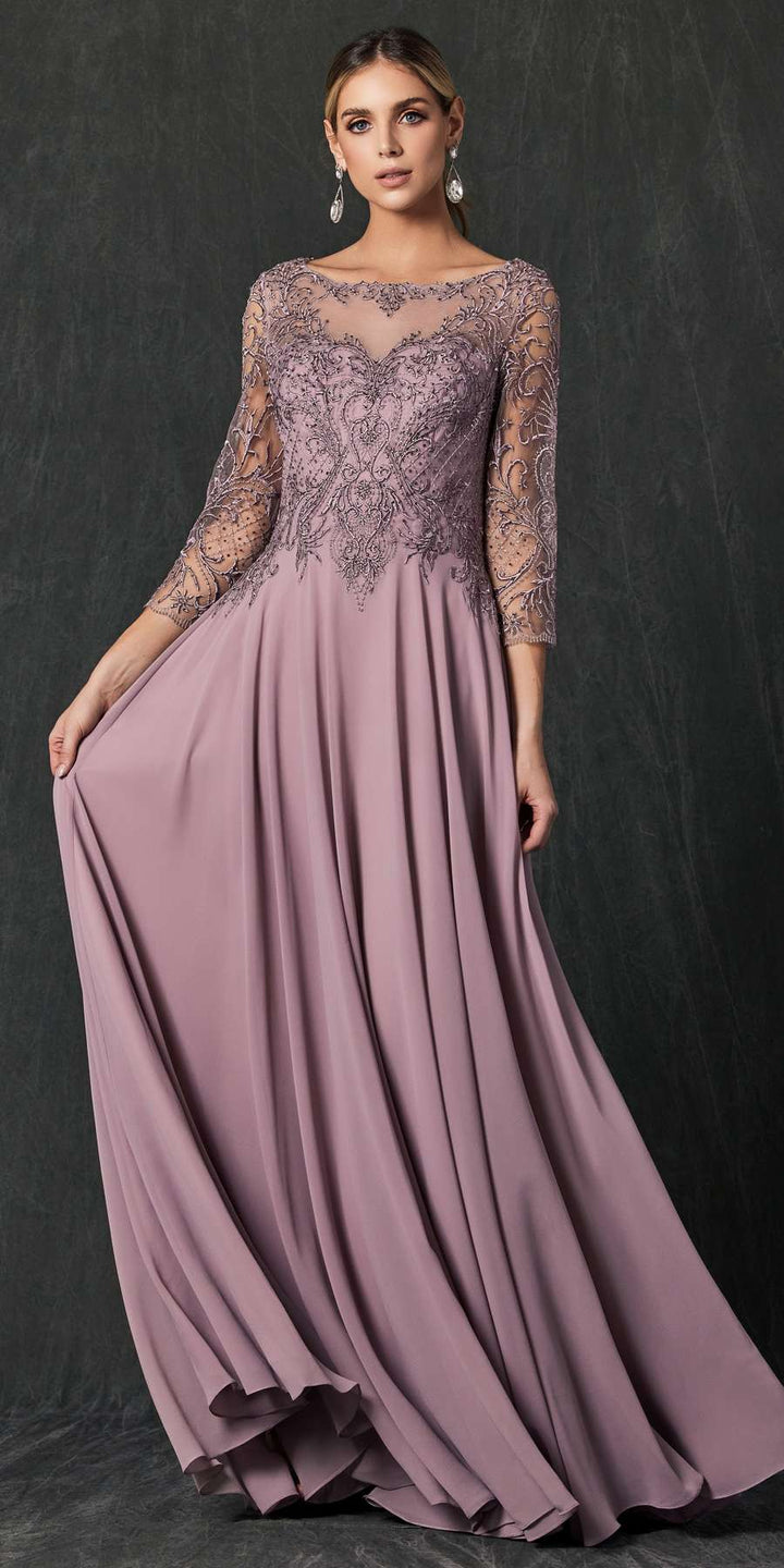 Juliet M11 Appliqued Long A-Line Dress Chiffon Quarter Sleeves