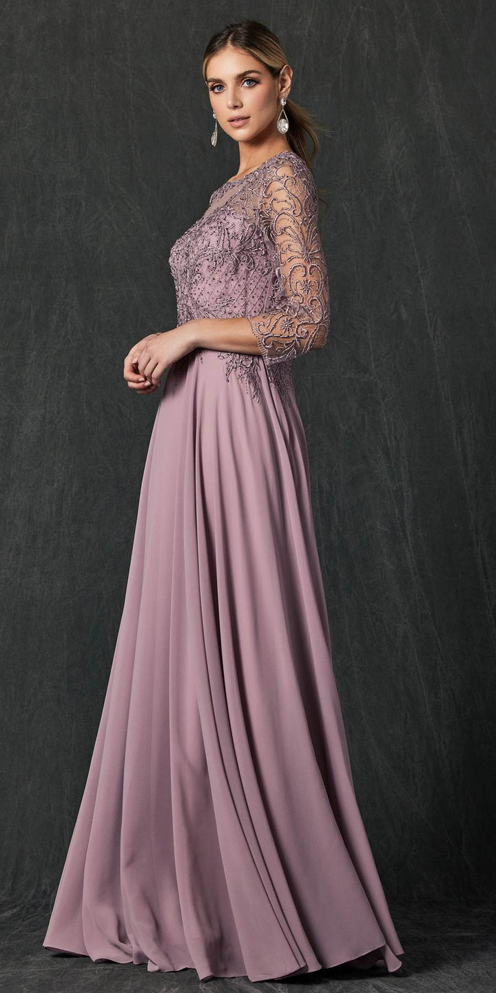 Juliet M11 Appliqued Long A-Line Dress Chiffon Quarter Sleeves