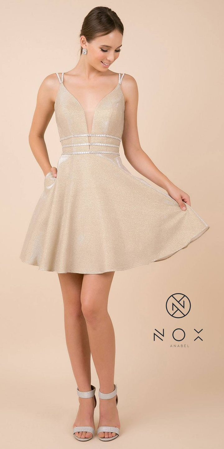 CLEARANCE - Nox Anabel M684 Short Gold Shimmering A-Line Dress (Size XS)