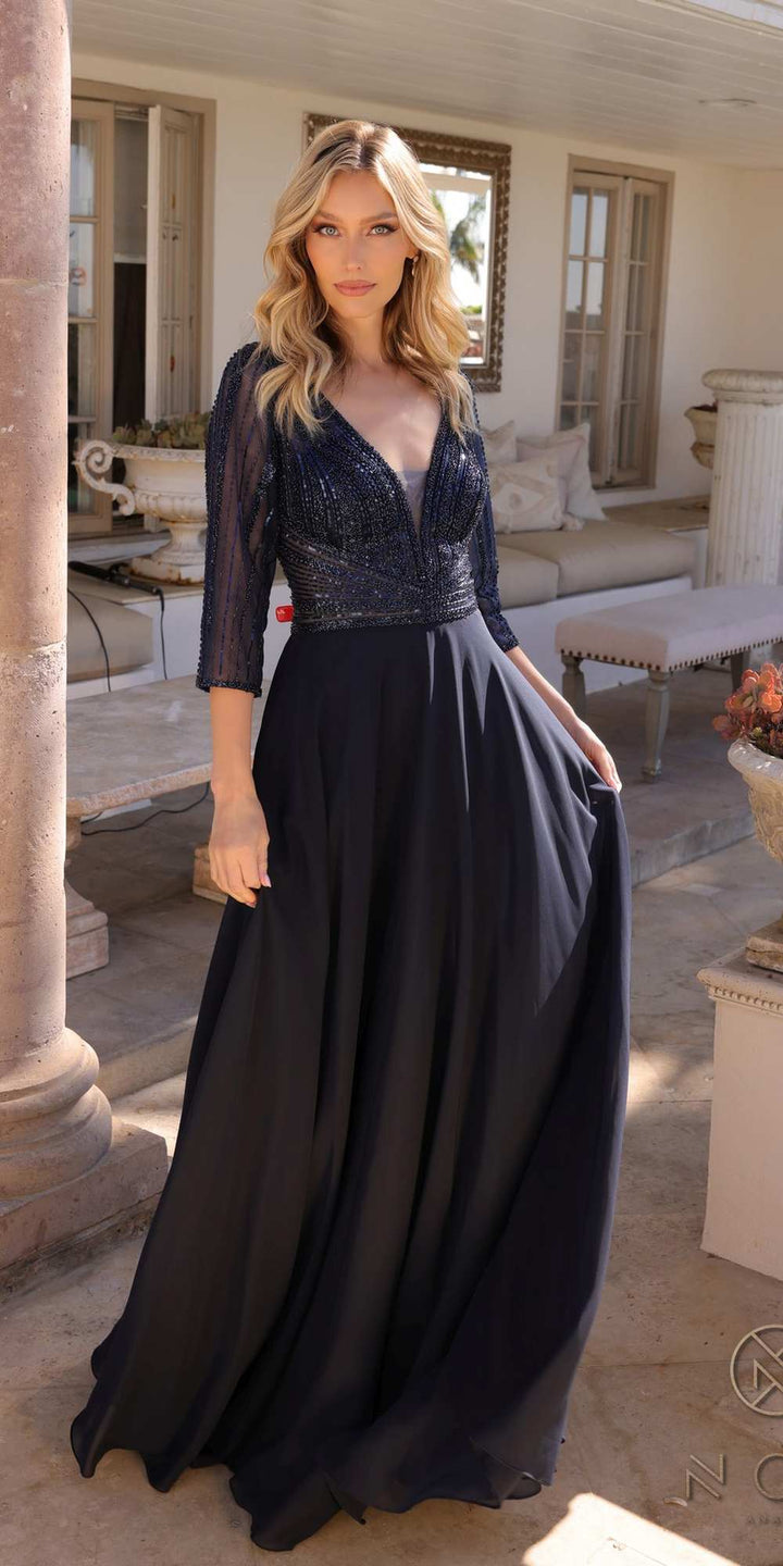 Nox Anabel MF101 Long V-Neck Embellished Bodice 3/4 Sleeve A-line Gown