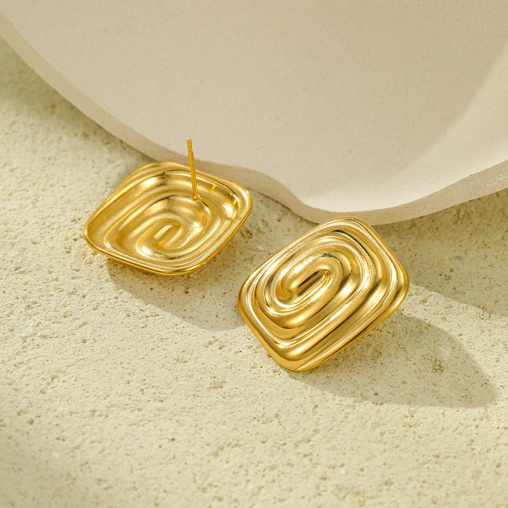 Gold Stainless Steel Rectangular Spiral Texture Titanium Steel Earrings Non Fading Stainless Steel Studs Women
