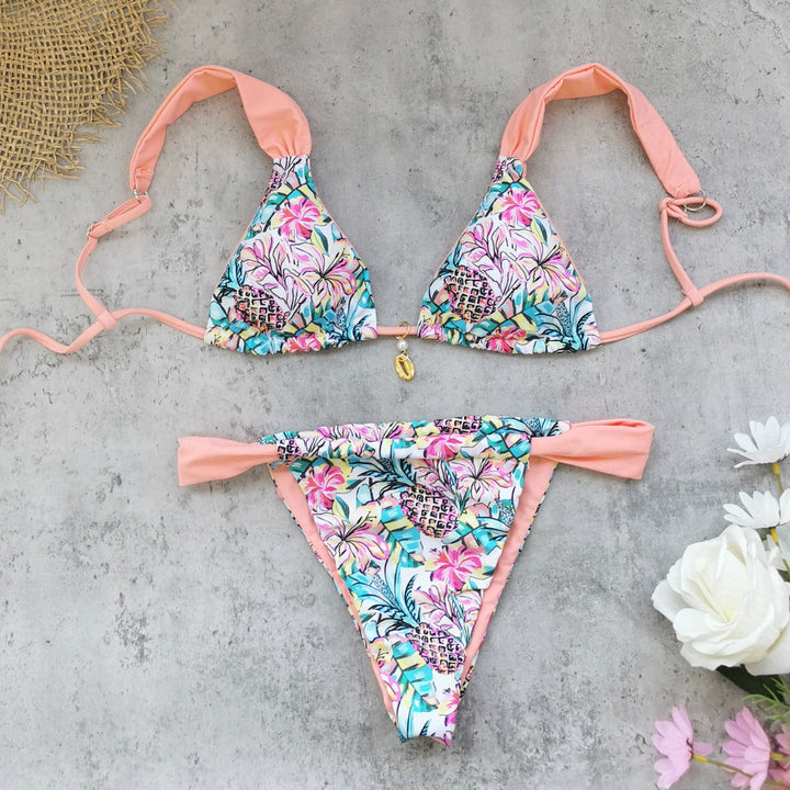 Three Point Low Waist Lace up Sexy Halter Bikini Fresh Split Swimsuit Women