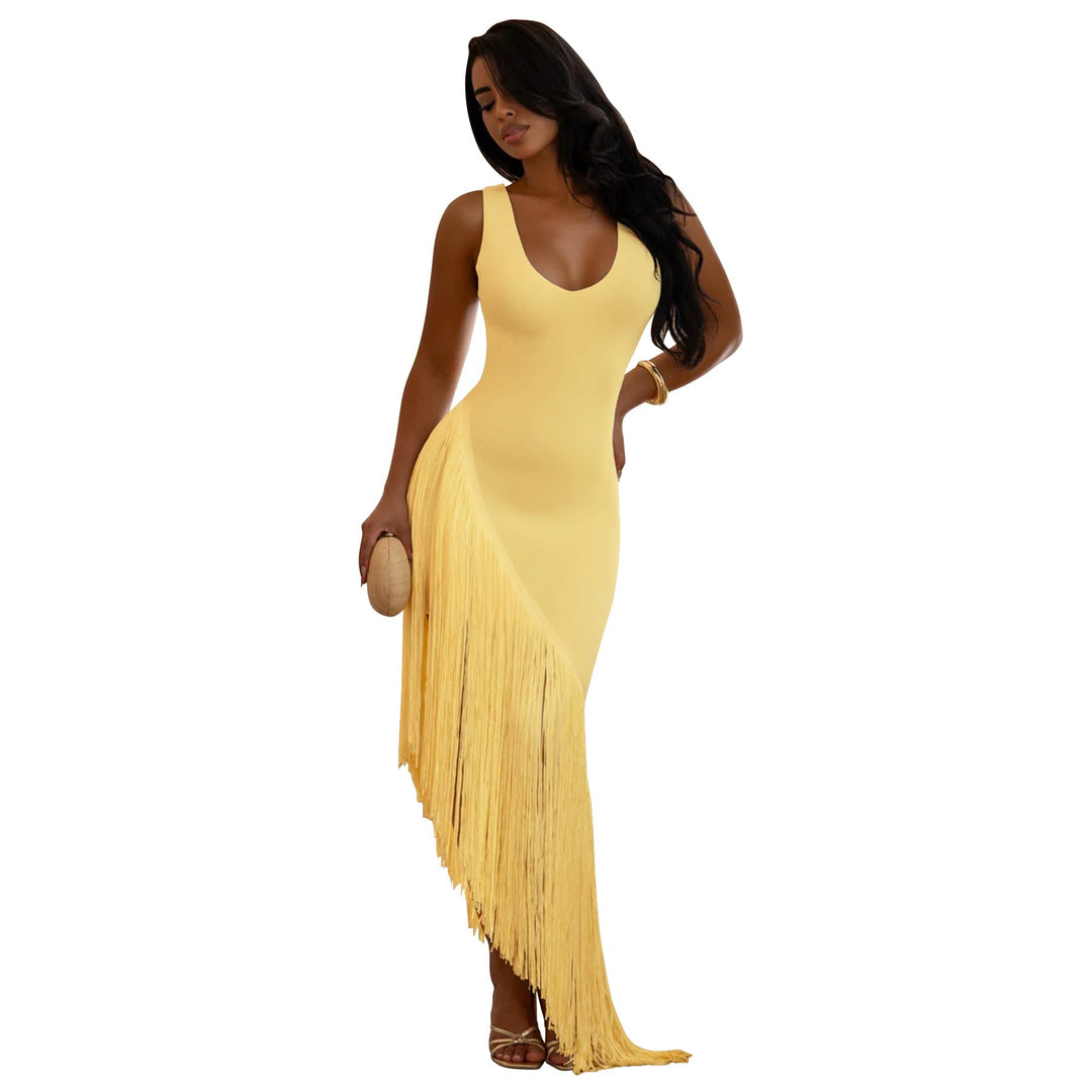 Women Sexy Strap Backless Tassel Stitching U Neck Dress