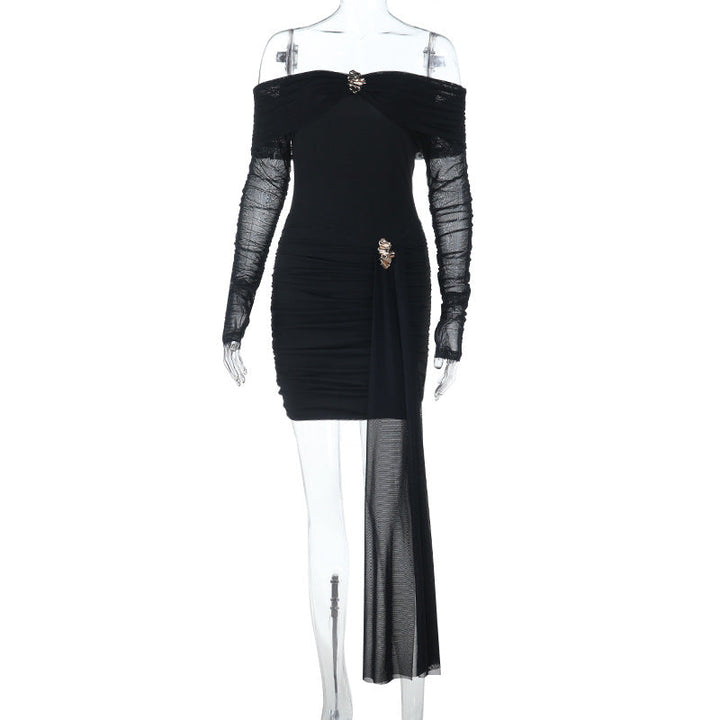 Sexy Short off Shoulder Sexy Backless Mesh Stitching Long Sleeve Dress