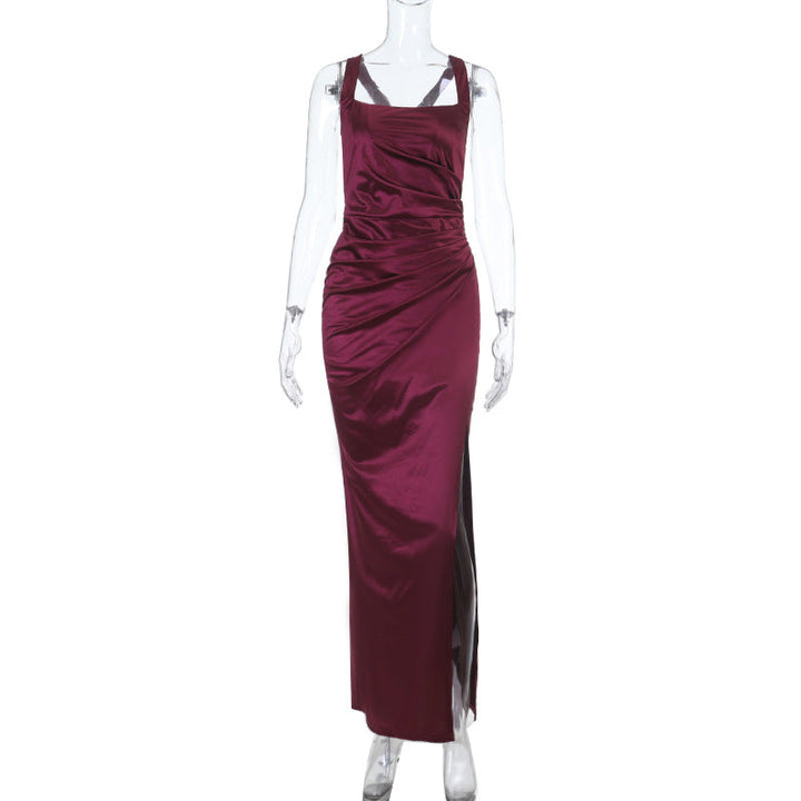Retro Wine Red Summer Slim Fit Sexy Waist Square Collar Dress