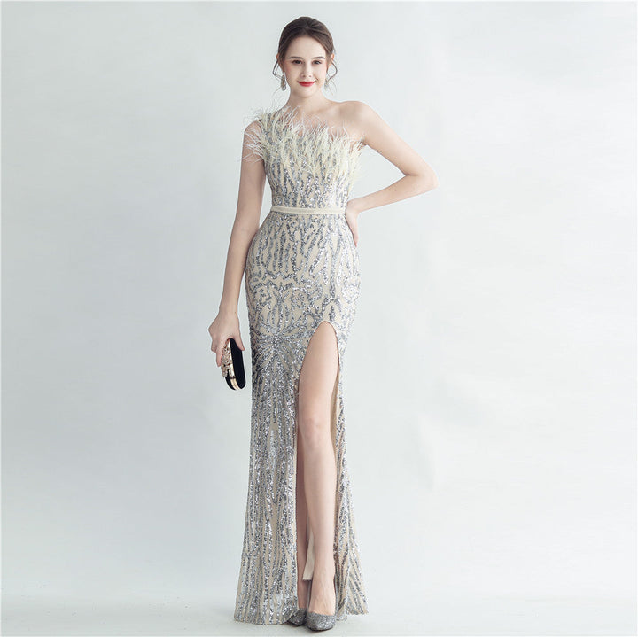 Heavy Industry Ostrich Hair Craft Bundle Hair Oblique Shoulder Side Slit High End Evening Dress