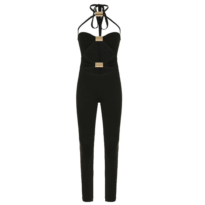 Sexy Women Wear Metal Tube Stitching Hollow Out Cutout out Tight One Piece Trousers Street Skinny Pants Spring