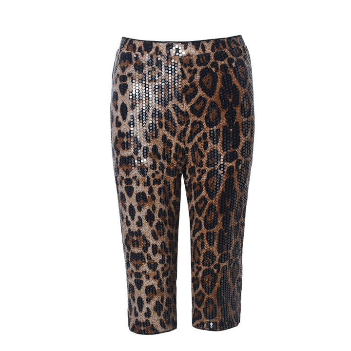 Trendy Sequin Model Sequin Women Leopard Print Stretch Shorts Elastic Waist Casual Shorts Women