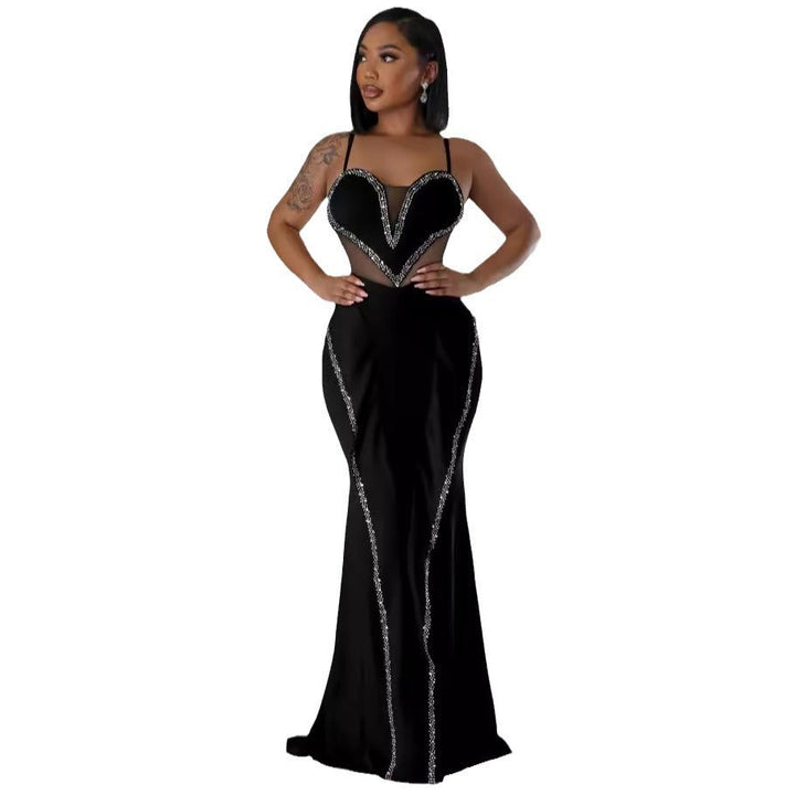 Sexy Rhinestone Mesh See Through Stitching Lace Hip Elastic Sling Dress