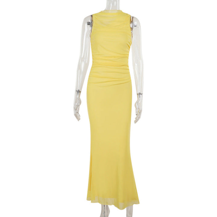 Autumn Solid Color Maxi Dress Fashionable Elegant Slim Mesh Vest Dress