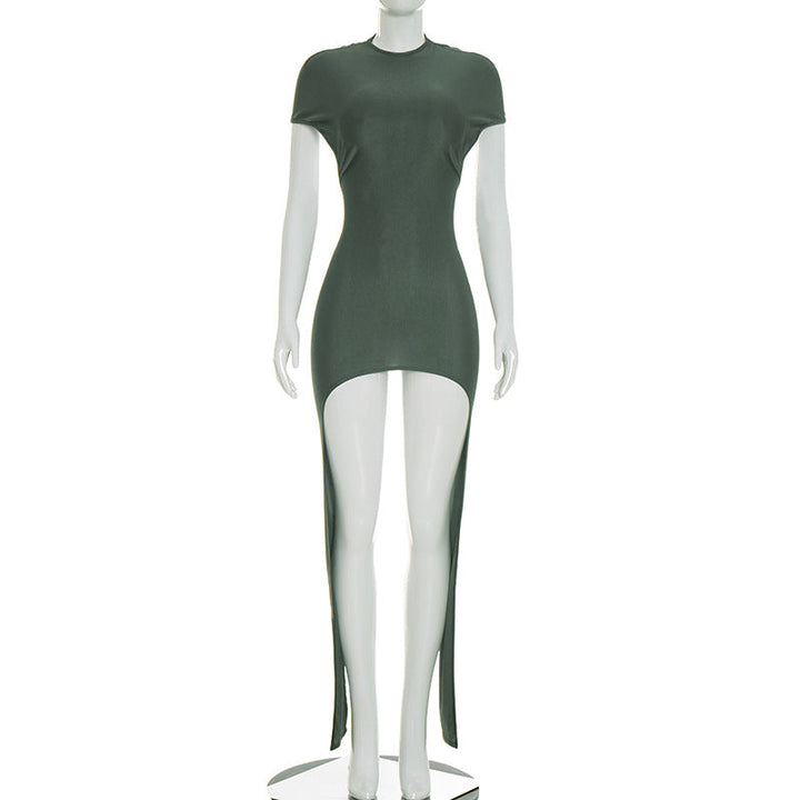 Women Clothing Summer Solid Color Sexy Short Sleeve Back Hollow Out Cutout Ribbon Pleated Slim Dress