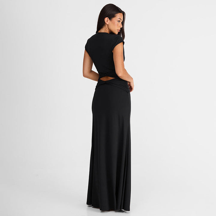 Women Clothing Autumn Solid Color Casual Short Sleeve Hollow Out Cutout Out Deep V Bare Cropped Slim Fit Maxi Dress