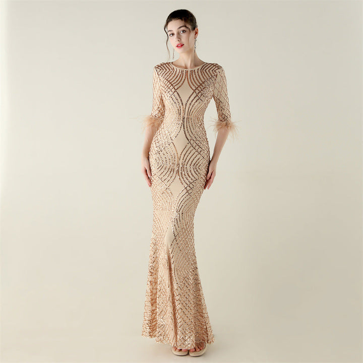 Positioning Floral Sequin Craft Order Ostrich Feather Decorative Evening Dress Long Sleeve Fishtail Cinched Peplum
