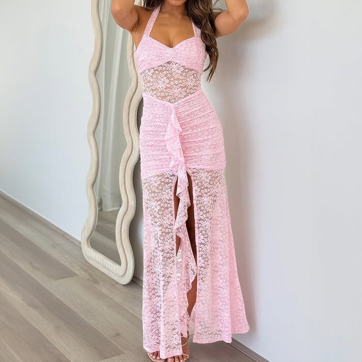 Elegant Halterneck Suspenders Lace Long Dress Women Clothing Autumn Winter