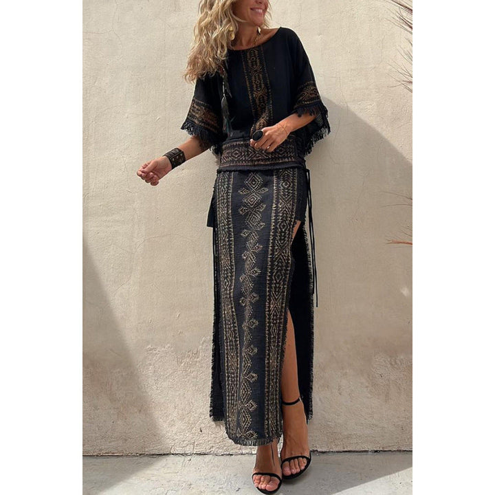 Spring Summer Tassel Batwing Sleeve Two Piece Set Loose Casual Print Women Set