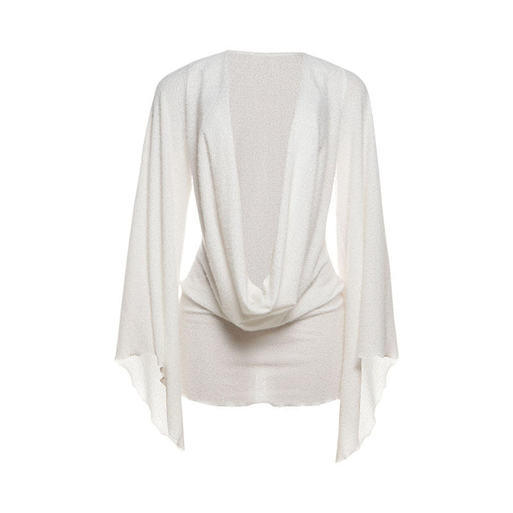 Autumn Winter Sexy Swing Collar Bell Sleeve Solid Color Sheath Short
