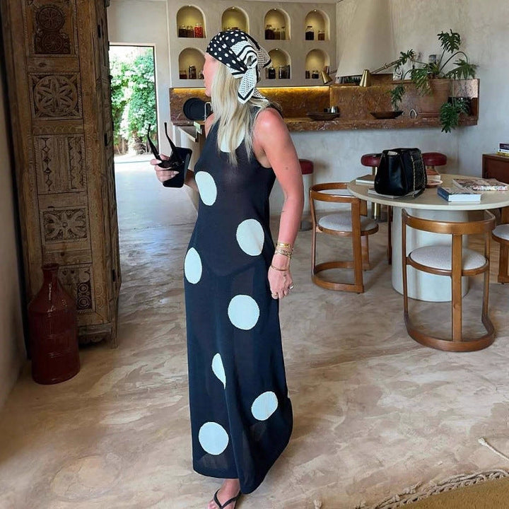 Autumn Winter Polka Dot Casual Slimming Knitted Maxi Dress Bohemian Beach See through Dress Women