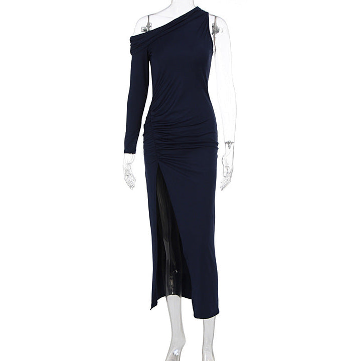Women Clothes Summer Oblique Shoulder Long Sleeve Slim Fit Slit Dress