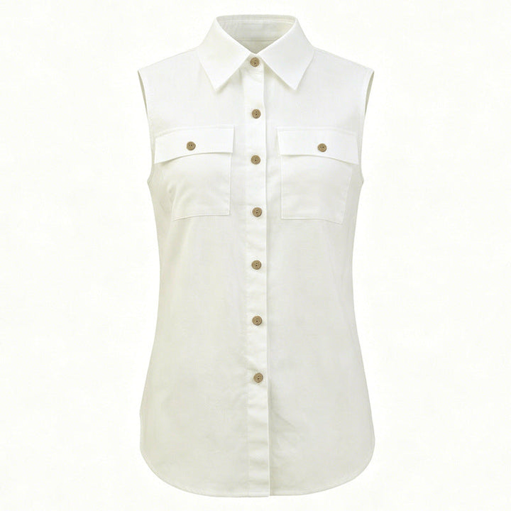 French Casual Cotton Linen Sleeveless Shirt Women Summer Collared Double Pocket Loose Shirt Vacation Top