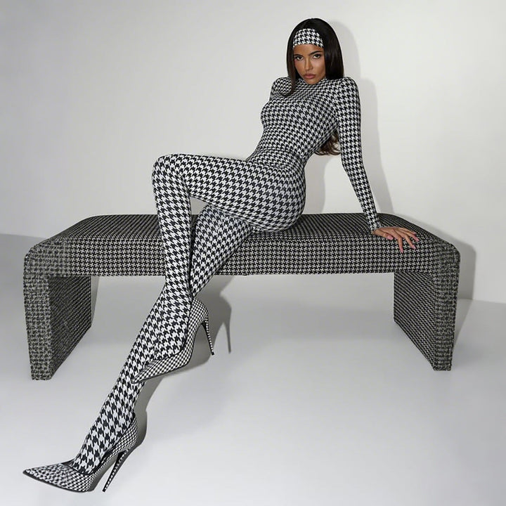 Autumn Winter Women Clothing Printed Turtleneck Long Sleeve Sexy High Waist Slim Fit Bodysuit