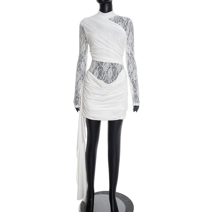 Women Clothing Autumn Winter Solid Color Stitching Lace round Neck Slim Fit Long Sleeved Ribbon Short Dress