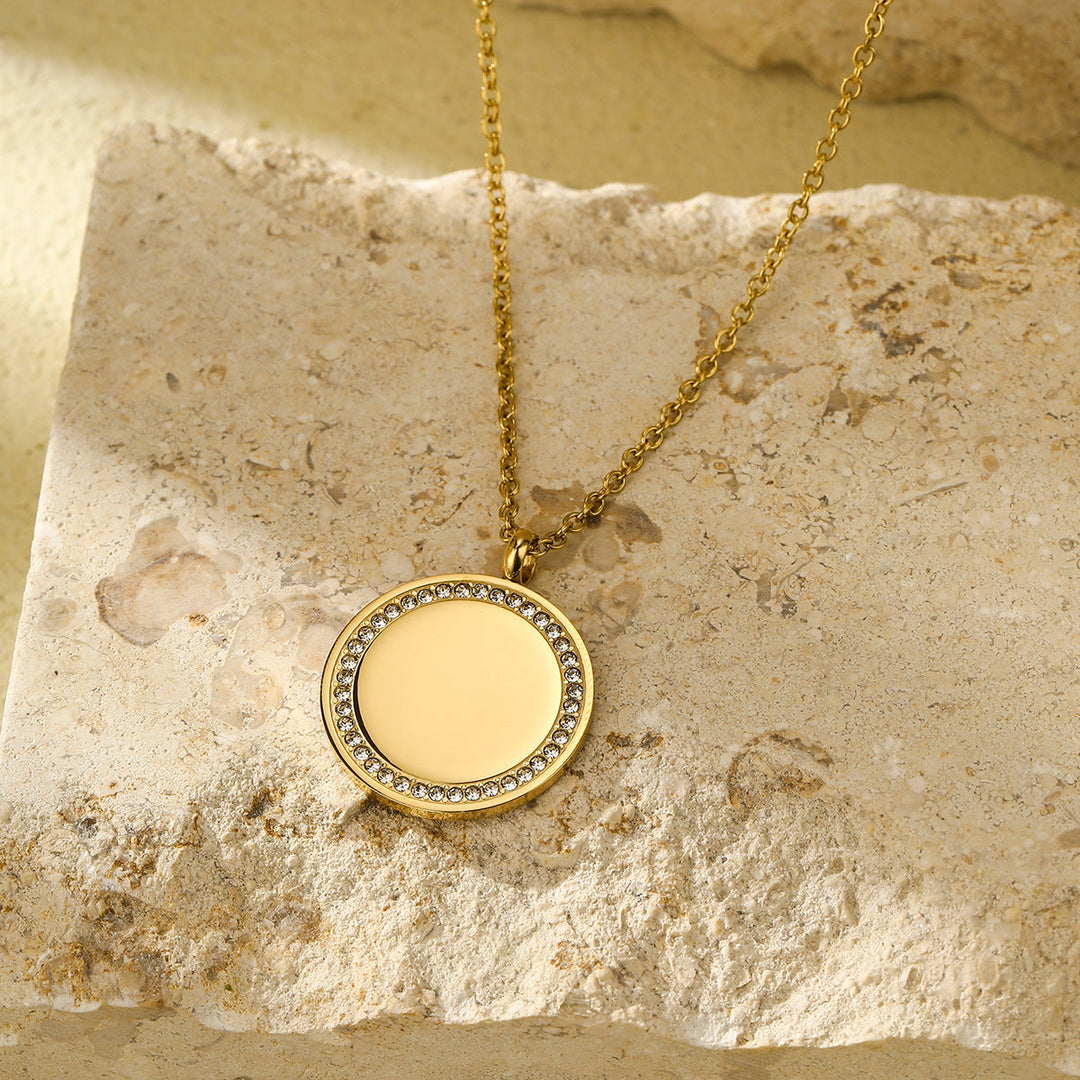 Geometric Abstract round Heart Inlaid with Diamond Titanium Steel Necklace Light Luxury Minority High Grade Stainless Steel Necklace for Women