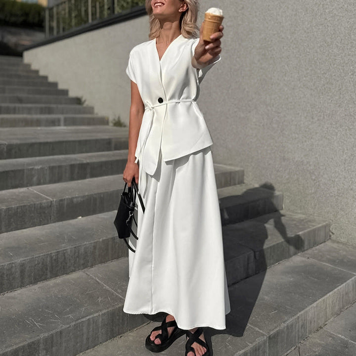 White Short Sleeved Lace up Women Design Waistcoat Mid Length White Shirt A line Skirt Two Piece Set