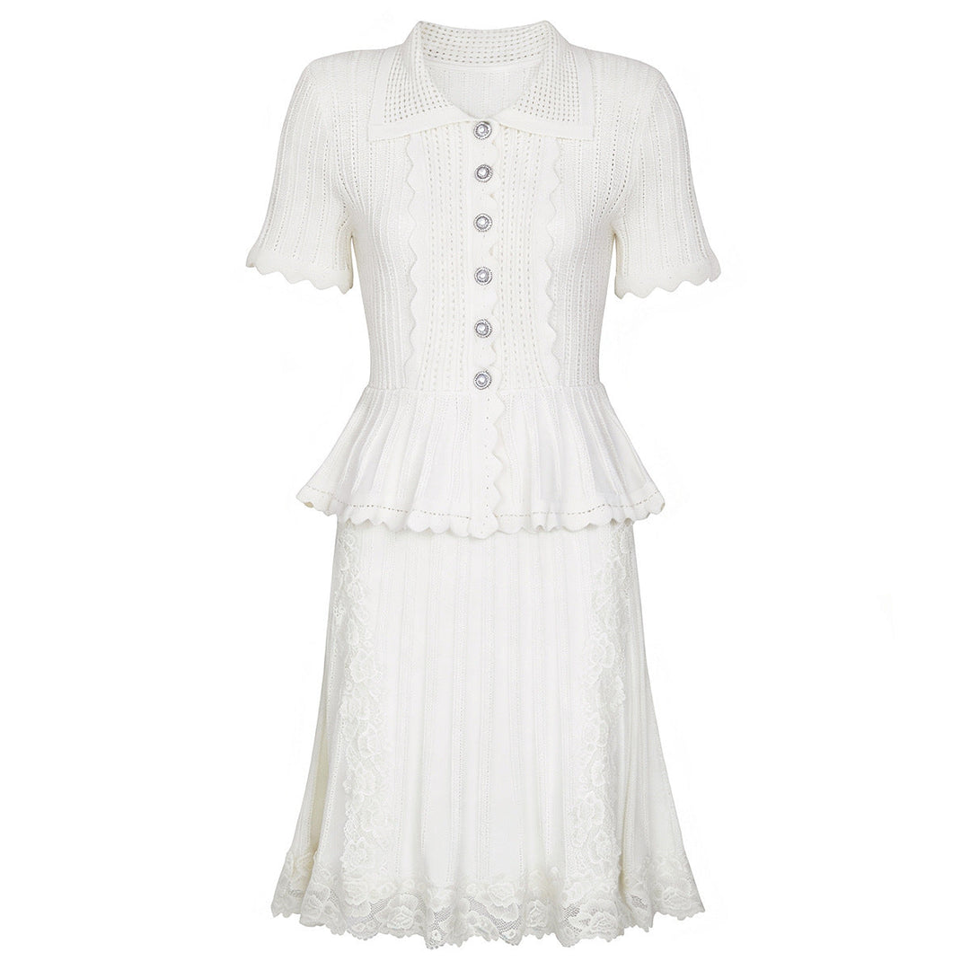 Summer Ladies Internet Popular Slim Fitting Slimming Pearl Buckle Faux Two Pieces Short Sleeve Dress