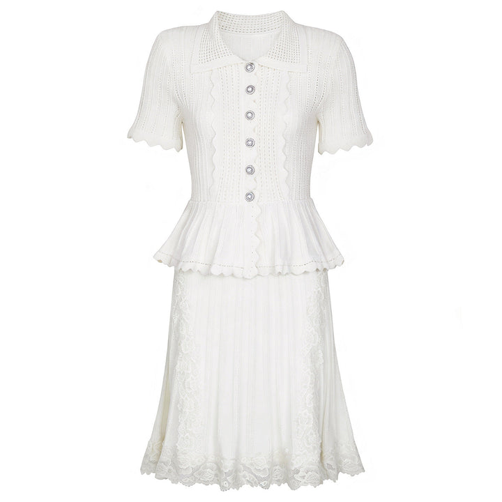 Summer Ladies Internet Popular Slim Fitting Slimming Pearl Buckle Faux Two Pieces Short Sleeve Dress