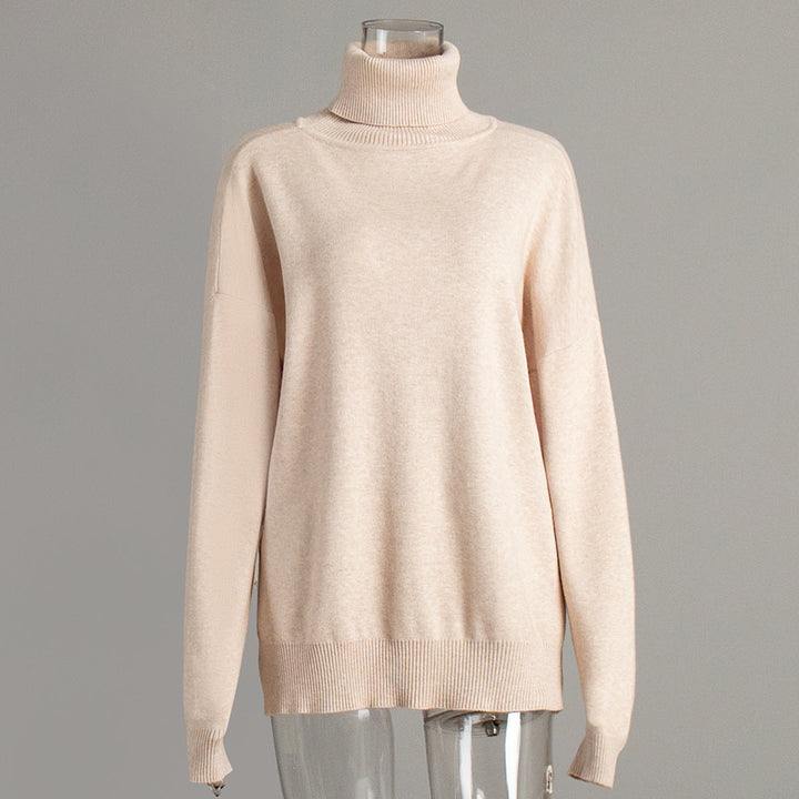 Turtleneck Sweater Women Autumn Winter Casual Sweater Slit Loose Solid Color Knitted Sweater