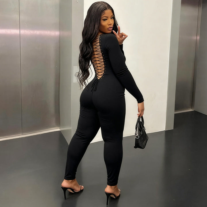 Women Clothing Autumn Winter Sexy U Collar Backless Lace up Long Sleeve Solid Color Hip Lifting Jumpsuit