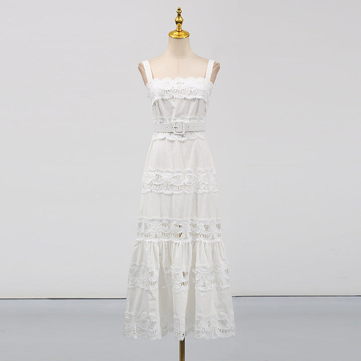 Vacation Maxi Dress Hollowed out Embroidered Strap Fishtail Design Dress Women