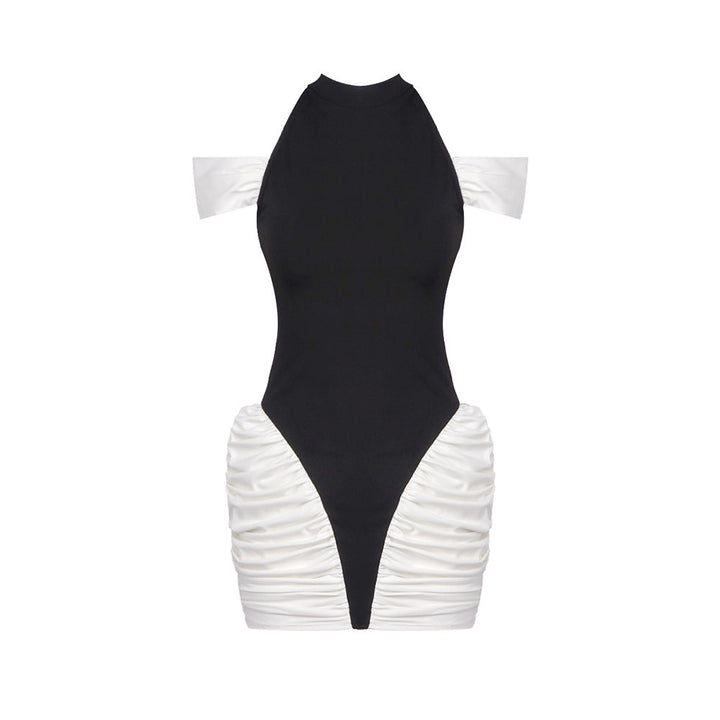 Summer Women Clothing Color Contrast Patchwork Sexy Hourglass Pleated Halter Dress Sleeveless Dress
