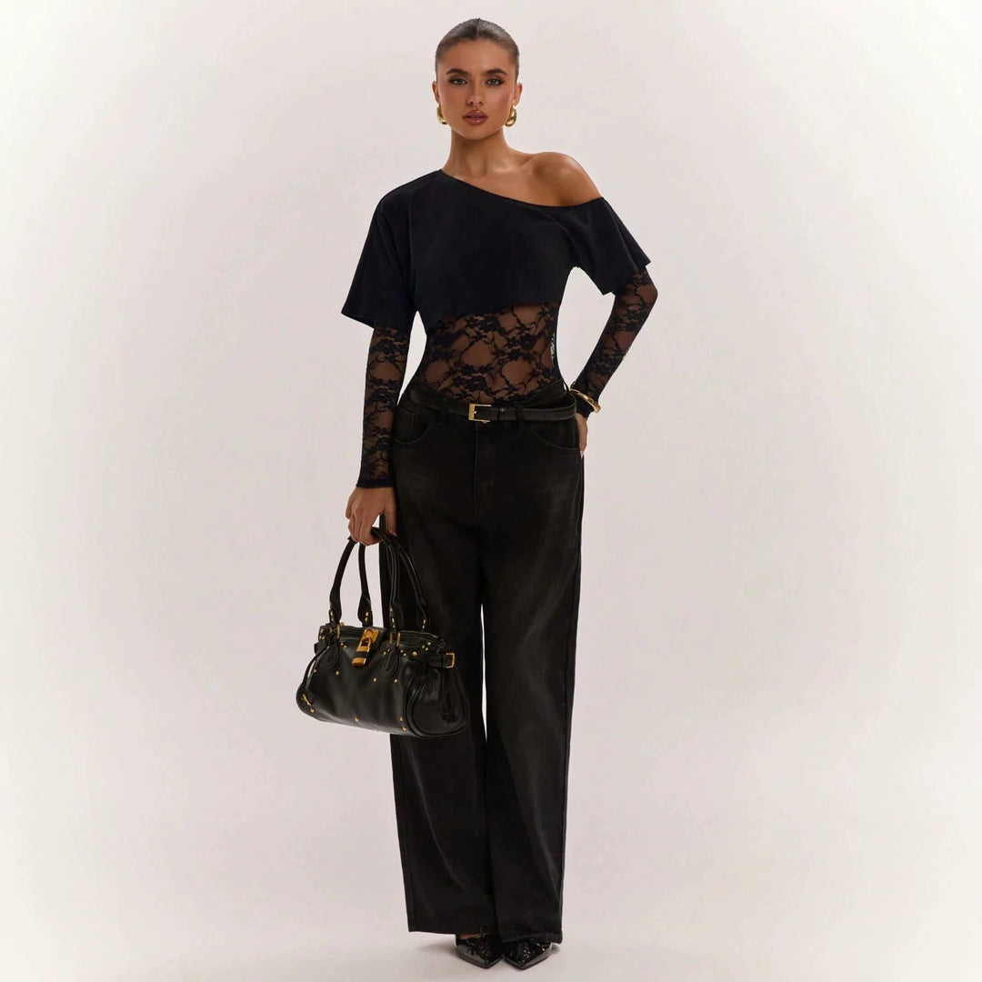 Sexy One Piece Cropped Outfit Slim Lace Stitching Long Sleeve Top